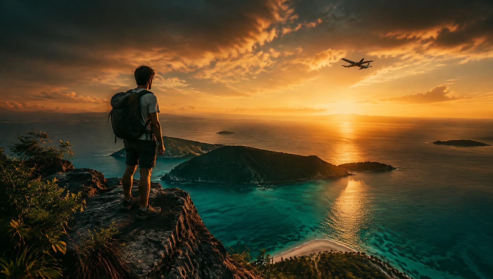 Traveller overlooking tropical islands at sunset